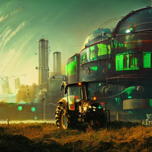 Prompt: fully detailed landscape of a cyberpunk cunderground , watertank, futuristic tractors, farmhouse, mushroom, overgrowth, Ai , Bots , drones , cinematic lightening, in the future, high quality, 8k , octane render, trending on artstation , greg rutowski