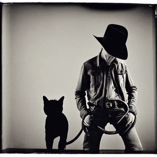 Image similar to Cat wearing a cowboy hat and boots by Anton Corbijn