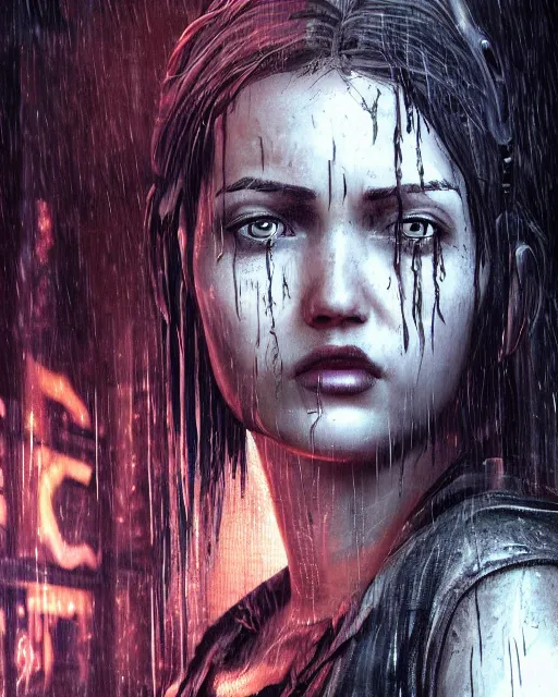 Image similar to An epic fantasy comic book style portrait painting of a very beautiful imposing Industrial goth Ellie (The Last of Us) in the rain, wet hair, neon reflections, character design by Mark Ryden and Pixar and Hayao Miyazaki, unreal 5, DAZ, hyperrealistic, octane render, cosplay, RPG portrait, dynamic lighting, intricate detail, cinematic