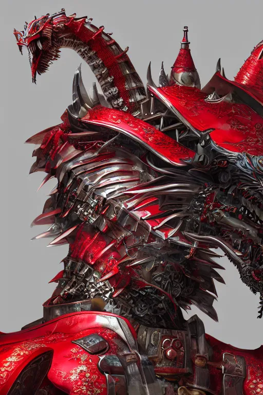 Prompt: high detail portrait of a mechanical dragon samurai in red japanese armor, full body, Concept Art, octane render, 8k, artstation