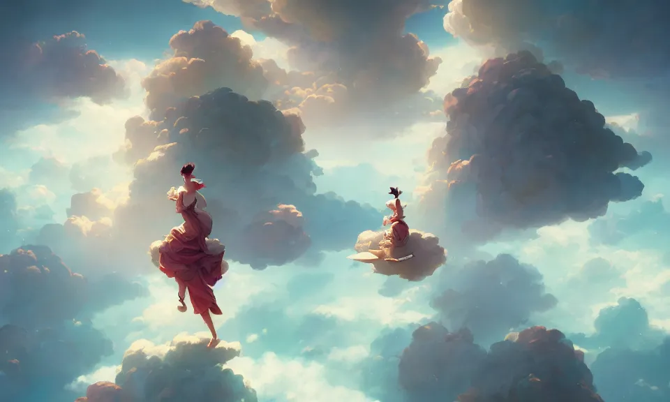 Image similar to happiness and friendship, floating high in the clouds, by peter mohrbacher, victo ngai, greg rutkowski, artgerm, volumetric lighting, intricate, environmental lighting, 4 k