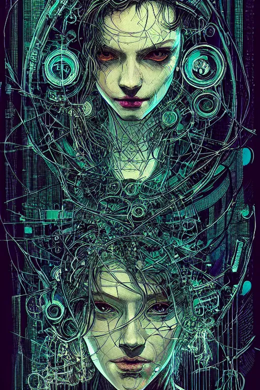 Image similar to dreamy cyberpunk girl, abstract mirrors, digital nodes, beautiful woman, detailed acrylic, grunge, intricate complexity, by dan mumford and by alberto giacometti, arthur rackham