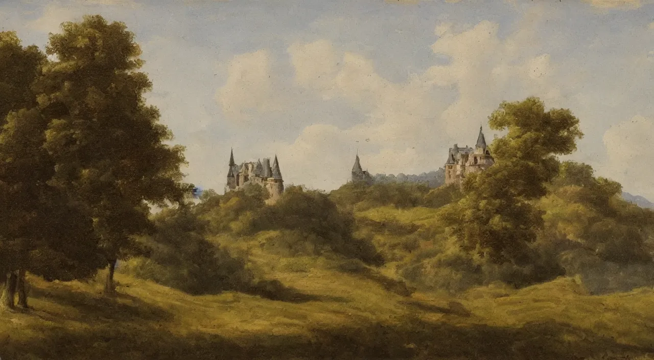 Image similar to a landscape painting of a French castle