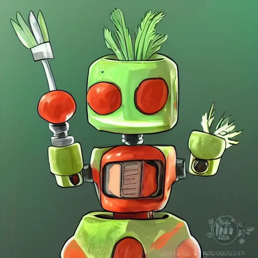 Prompt: cute robot made of vegetables, tomato head and a carrot sword, made in abyss style