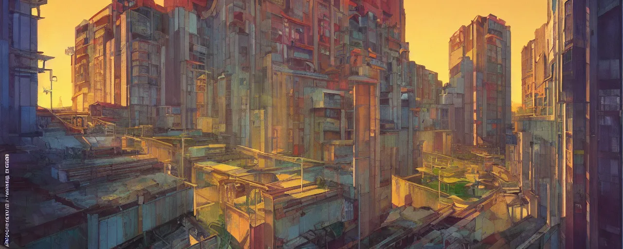 Image similar to An oilpainting of neo brutralism, concrete housing, a long stairway up, concept art, colorful, vivid colors, sunrise, warm colors, light, strong shadows, reflections, cinematic, 3D, in the style of Akihiko Yoshida and Edward Hopper