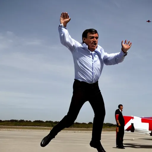 Image similar to president pedro sanchez jumping out of an airplane, epic movie still, professional photography