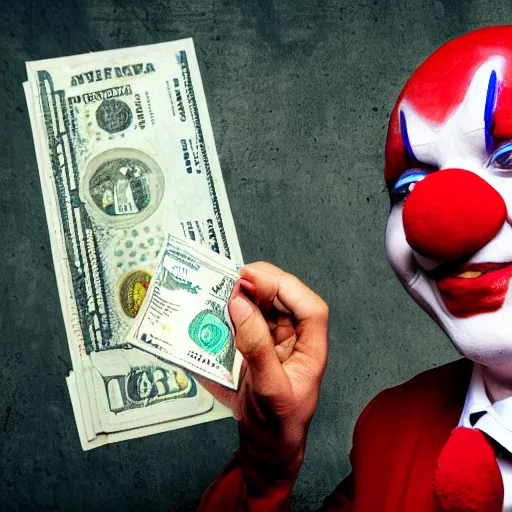 Image similar to A clown holding a dollar banknote, background is a slum, cinematic, epic, highly-detailed, photo realistic