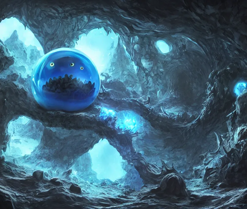 Image similar to a little spherical blue slime looking to a giant black dragon inside a cave with magic crystals, hyperrealistic, digital art, concept art, octane render, unreal engine 5, trending on DeviantArt, trending on DeviantArt, highly detailed, high quality, 8K HDR, path traced, anatomically correct, geometric, cinematic, high coherence