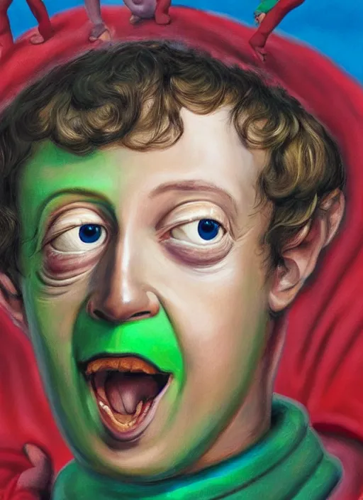 Image similar to Mark Zuckerberg looks anxious dressed as a Teletubbies, hyperfeminine, oil on canvas painting from rococo era Mark Zuckerberg portrait, Mattel product, vintage advertisement CMYK coloured lithography in the style of Bjork, in the style of David O\'Reilly, directed by David Cronenberg, weirdcore cursed POV hidden