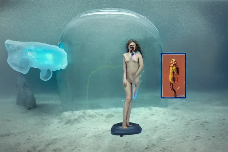 Prompt: high-angle view of a Ukrainian lush female jellyfish human hybrid wearing vacuum tube amp roman armor and transparent amber neck guard with transparent digital number readout floating in front of face, sitting inside of an underwater airport terminal with a large submarines in the horizon silt rising from the seabed floor, filing cabinets in the sand, ektachrome color photograph, volumetric lighting, off-camera flash, 24mm f8 aperture