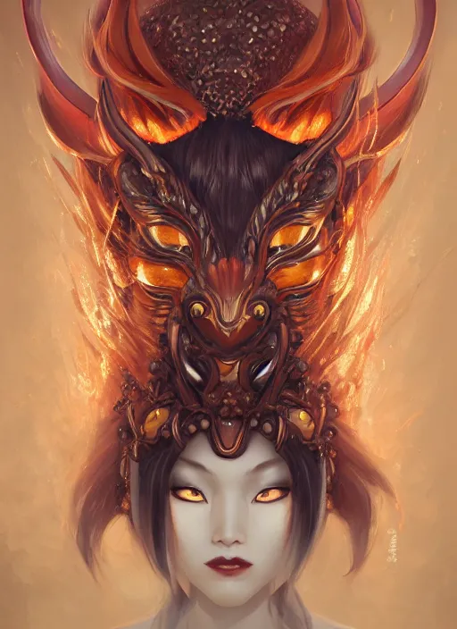 Image similar to a beautiful detailed oil on copper art illustration of a japanese namahage kitsune mask devil woman, centered, by charlie bowater, zeng fanzh, trending on artstation, dim dusk lighting, cinematic lighting, detailed lighting, volumetric lighting, realistic, f 8, 4 k hd wallpaper