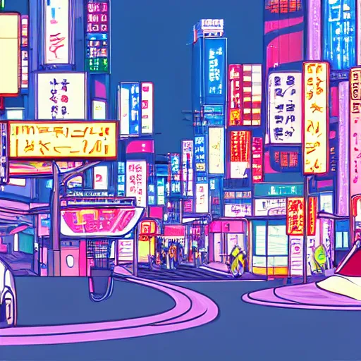 Prompt: neon citypop japanese city in 1 9 8 0's anime style