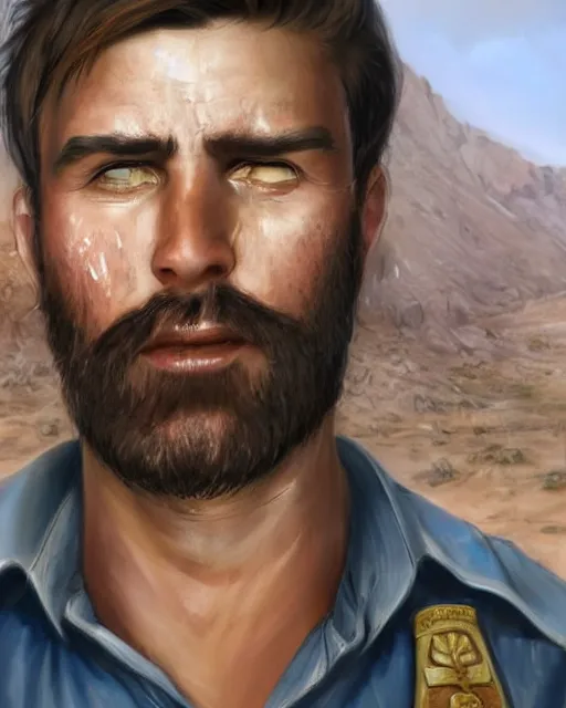 Image similar to 🥺😰 portrait of muscular, tired and alcoholic 3 0 - year - old handsome man with short darkblonde hair, serious sad look in his eyes, dirty beard, blue eyes, crying, wearing dirty soldier uniform, on the desert, hyper realistic face, beautiful eyes, character art, art by mark brooks, hyperdetailed, cryengine, trending on artstation, digital art