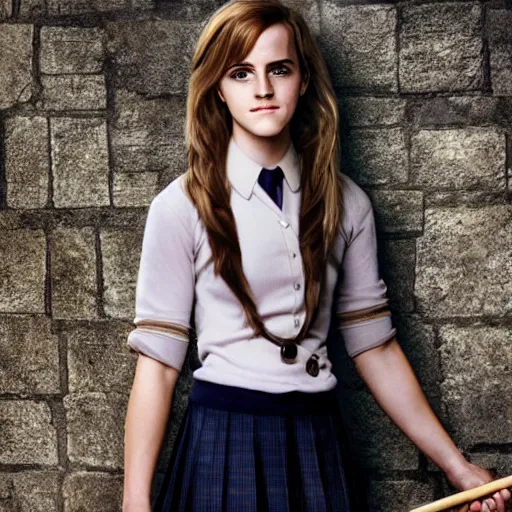 Image similar to emma watson as hermione granger in her school uniform, short miniskirt, holding her broomstick, photo shoot, cute