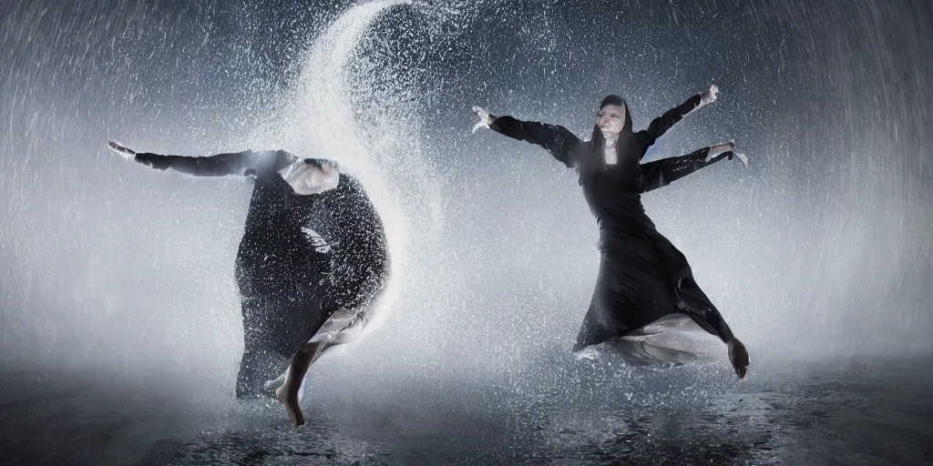 Image similar to slow motion with trail effect of futuristic break dancer wearing floating long dress, long exposure shot , at night in the middle of a rainy street, paddle of water, steam, fog, water splashes, rim lights, glossy reflections, water droplets on lens, octane render, dark and dramatic, explosion in the background, detailed and soft, fisheye