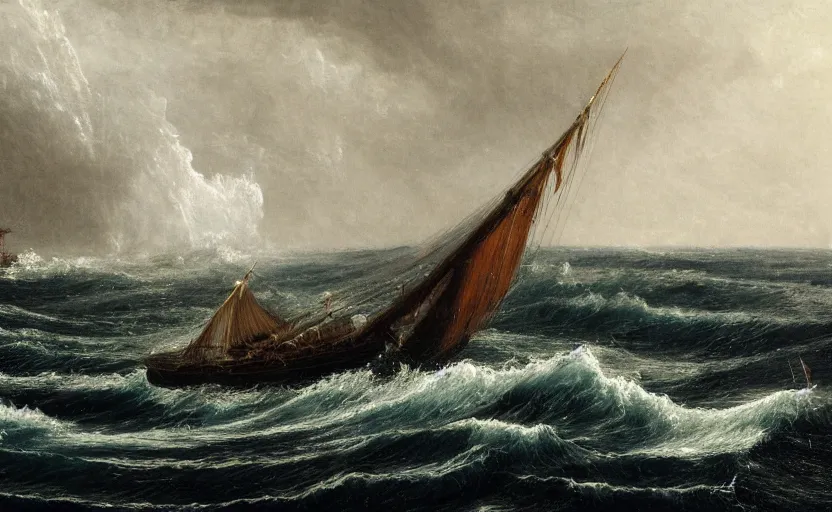 Image similar to middle of the ocean, large waves, large 1800s boat, no land, dark skies, close up shot, at dusk, 4k, rule of thirds, extreme detail, hazy, intricate ink illustration, surreal, surrealist, trending on artstation, cgsociety, hd, complimentary colours, realistic lighting, by Albert Bierstadt, Frederic Edwin Church.