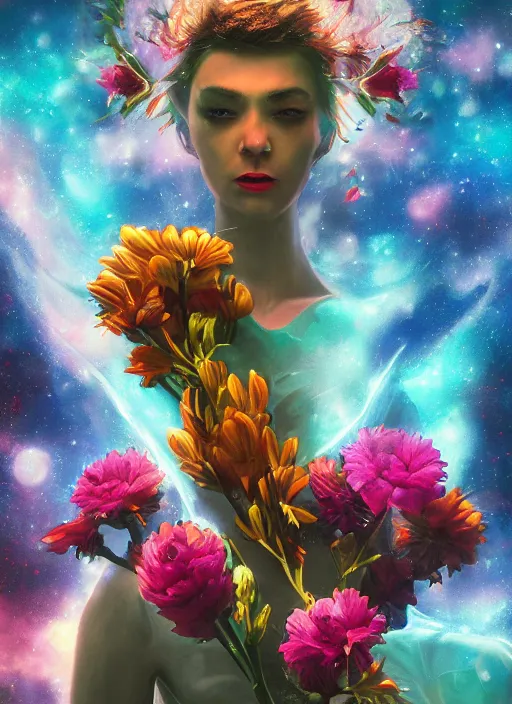 Image similar to An epic fantastic realism comic book style painting of the most beautiful flowers launched across the dark and starry cosmos, bouquets, fisheye lens, unreal 5, DAZ, hyperrealistic, octane render, dynamic lighting