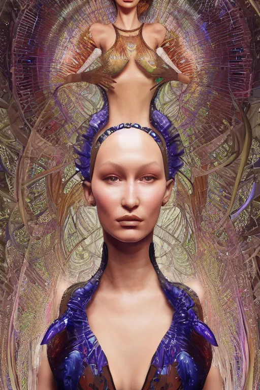 Image similar to a highly detailed painting of a beautiful alien goddess bella hadid in iris van herpen dress schiaparelli in diamonds in style of alphonse mucha art nuvo trending on artstation made in unreal engine 5