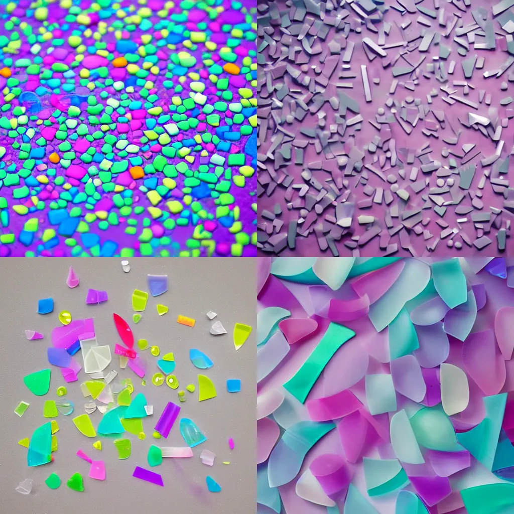 Prompt: a abstract shape made from pastel colored plastic bits and glass shards