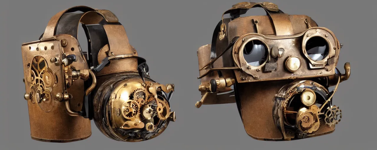 Image similar to advanced complex steampunk VR headset, vintage photo