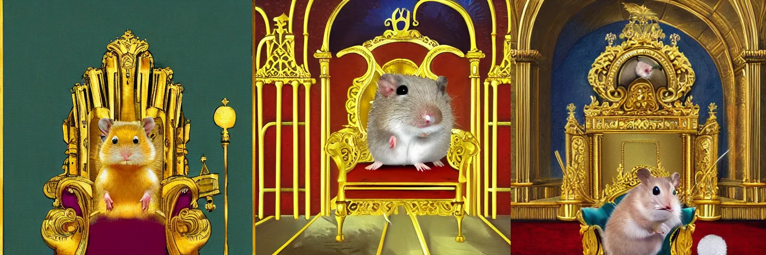 Prompt: painting of a hamster sitting on a golden throne in a giant throne room surrounded by guards