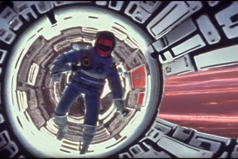 Image similar to scene from Stanley Kubrick\'s 2001: A Space Odyssey, ziggy stardust space walk, amazing cinematography