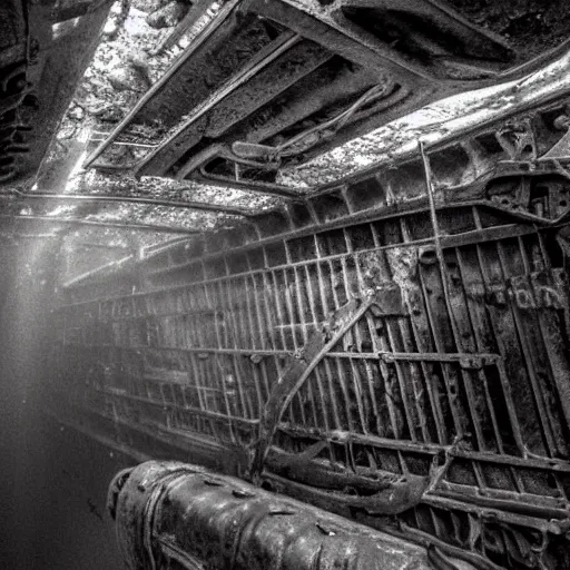 Image similar to a rusty shipwreck in an underwater tunnel, underwater photograph, creepy, eerie, surreal, submechanophobia, scary lighting,