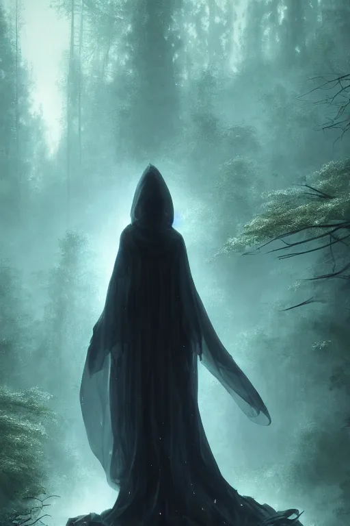 Prompt: a full body portrait of a mysterious goddess with a very long hooded cloak made of stars and clouds walking through a forest,, by maciej kuciara and jason chan and makoto shinkai and rodney matthews, ominous, auras, smoke, fire, embers, vapor, trending on artstation, ultra detailed, hyper realistic 4 k, volumetric light