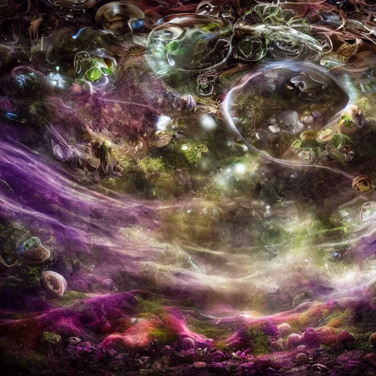 Image similar to a planet of various fungus, mushrooms and plants, inside the picture is infinity, Atmospheric phenomenon, artistic photography, muted colors, conceptual, long exposure outside the city, volumetric light