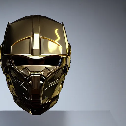 Image similar to gold sci fi helmet design, robotic pieces, clear opaque mask, cables, ridley scott, neill blomkamp, weta digital, realistic ceinmatic lighting, ultra detailed, hyper realism, 8k, low angle