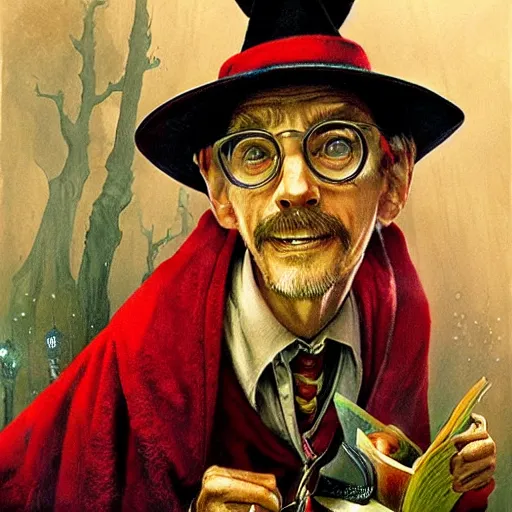 Prompt: Rincewind as a jumpy professor in Hogwarts School of Witchcraft and Wizardry, detailed, hyperrealistic, colorful, cinematic lighting, digital art by Paul Kidby’