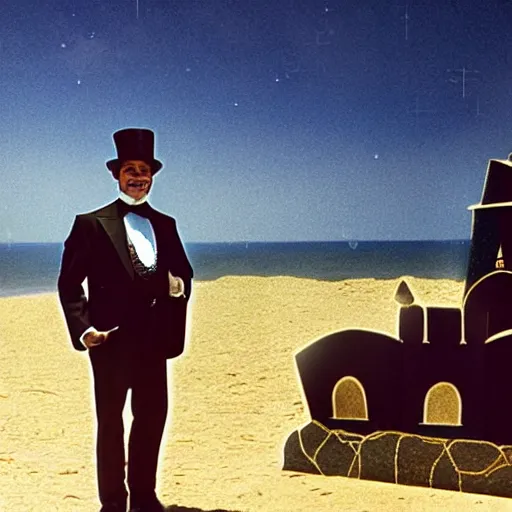 Prompt: the godfather wears a top hat and smiles. 5 0 mm, cinematic, technicolor, award winning photography, highly detailed. sea and beach and a sandcastle in the background. dark night sky with a lot of stars