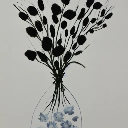 Image similar to monochrome watercolor high vase with dry flowers, background chiffon