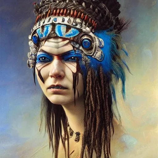 Prompt: A young blindfolded shaman woman with a decorated headband, in the style of heilung, blue hair dreadlocks and wood on her head., made by karol bak