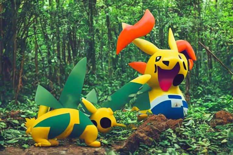 Image similar to colorful pokemon that looks like a military tank, lush jungle scene, post apocalyptic, shot on film