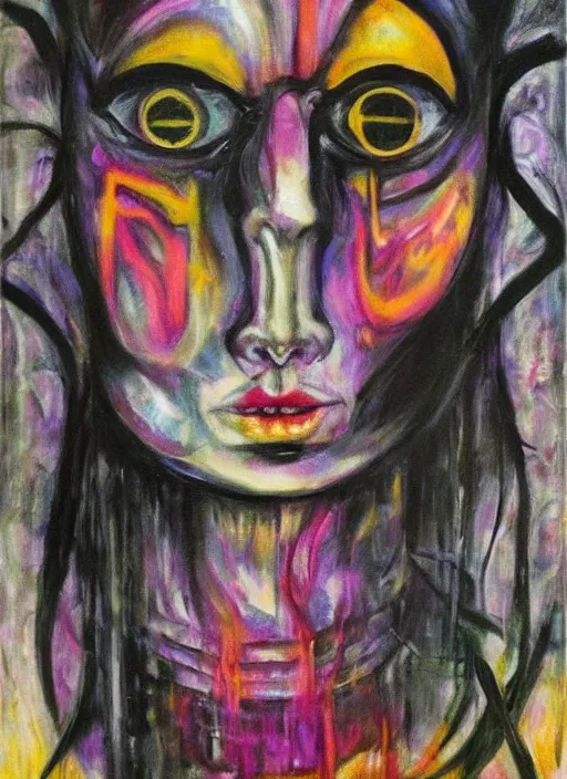 Image similar to enlightened magic cult psychic woman, painted face, third eye, energetic consciousness psychedelic, epic surrealism expressionism symbolism, story telling, iconic, dark robed, oil painting, symmetrical face, dark myth mythos, joan mitchell monochromatic masterpiece