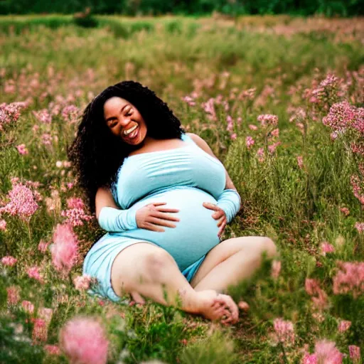 Image similar to pregnant black woman with curly hair in a vast field of flowers, laying down, a tiny black puppy running around, golden hour, vintage, impressionist painting, fine art, oil painting, dreamy, pastel, laughing, happy, intricate details, sharp, peaceful, serene