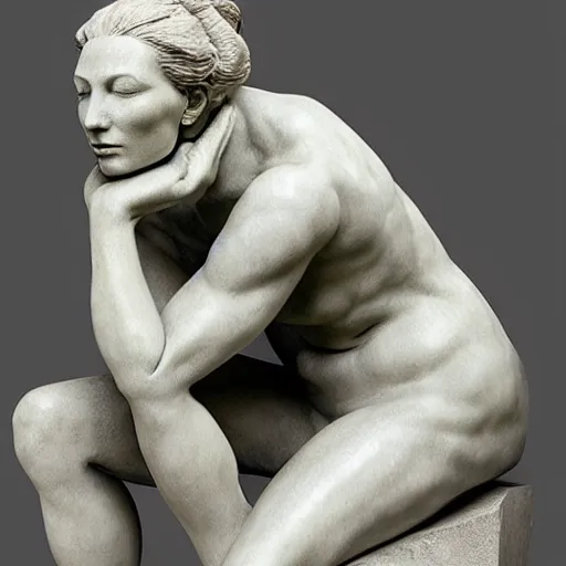 Image similar to sculpture of cate blanchett ,the thinker, by Augusts Rodin,hyper detailed, photorealism