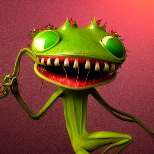 Prompt: cute anthropomorphic venus flytrap carniverous plant creature with many leaf arms and vine legs and big eyes and big teeth detailed character concept 3 d pixar style render 4 k