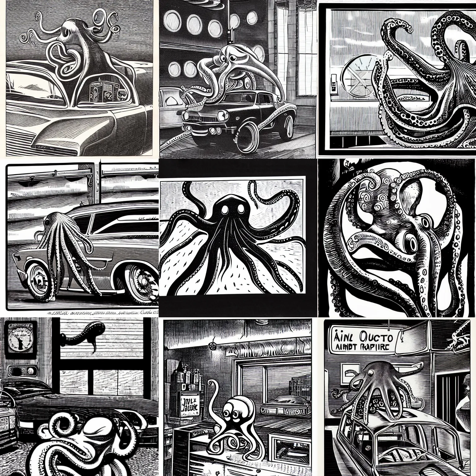 Prompt: a realistic octopus in a car repair shop, engraving, ink, charles burns