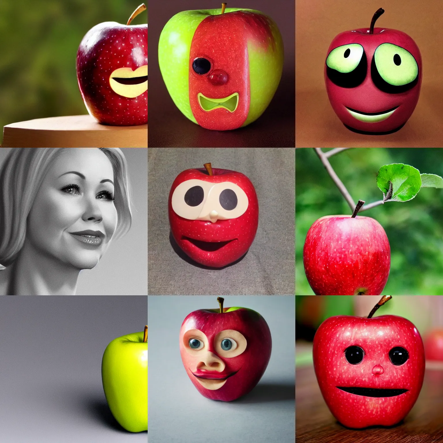 Image similar to an apple with a face looking like christina applegate realistic