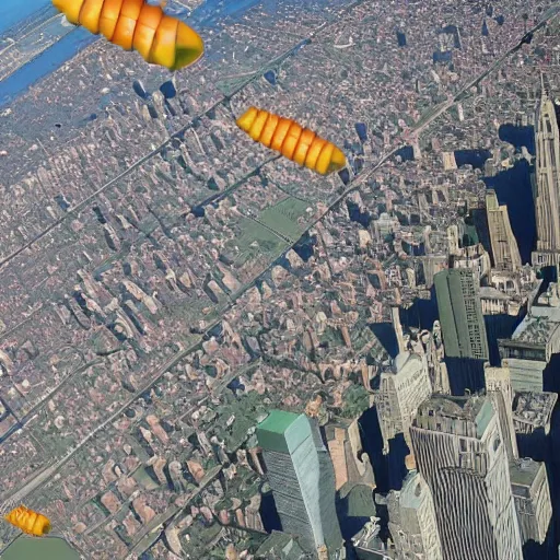 Image similar to colossal pickles flying over new york city, there are guns on the outside of the pickles that are firing projectiles down upon the city