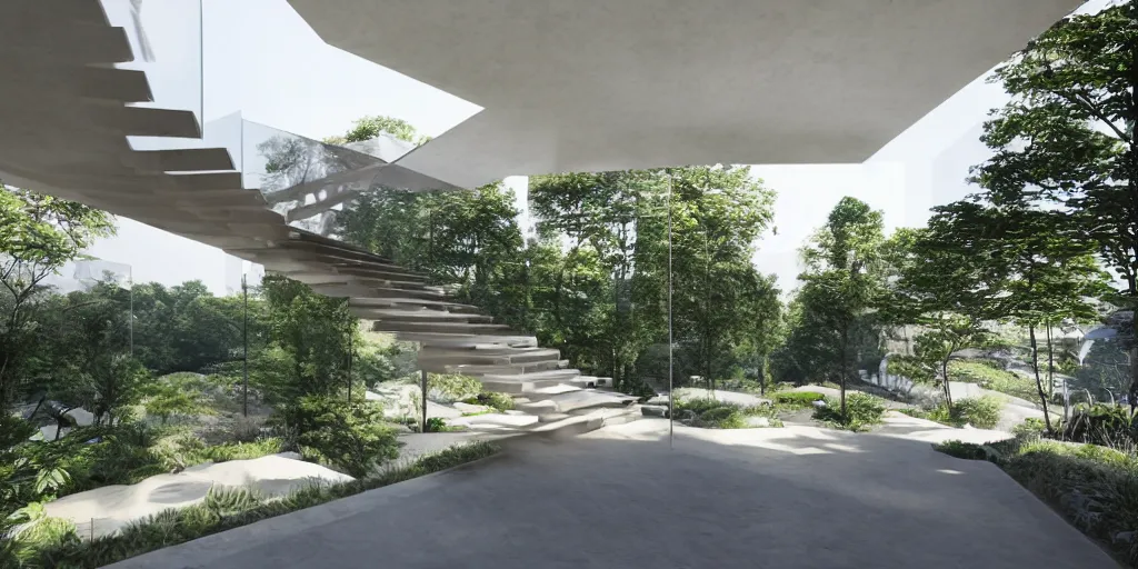 Prompt: 3d rendering of beautiful nature meets architecture concept of a residential house by Kengo Kuma, volumetric lighting, luxury, high detail, 14mm, glass railing, outdoor staircase, terraces, roof garden, cinematic photography, cg architects, high resolution