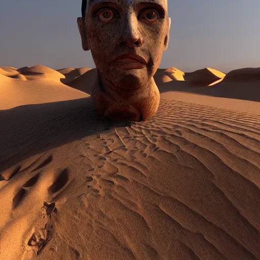 Image similar to robot marduder lost in sahara, photo realistic, highly detailed