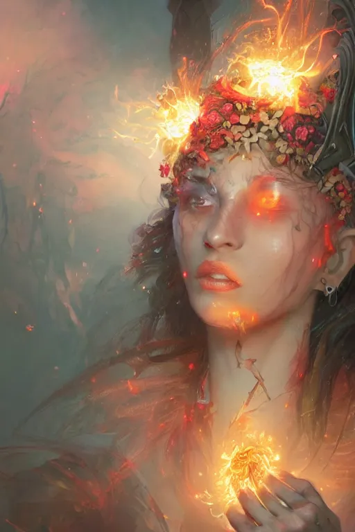 Prompt: face closeup of beautiful girl necromancer, witch - doctor exploding into flowers, angels, 3 d render, hyper - realistic detailed portrait, holding fire and electricity, ruan jia, wlop. scifi, fantasy, magic the gathering, hyper detailed, octane render, concept art, peter mohrbacher