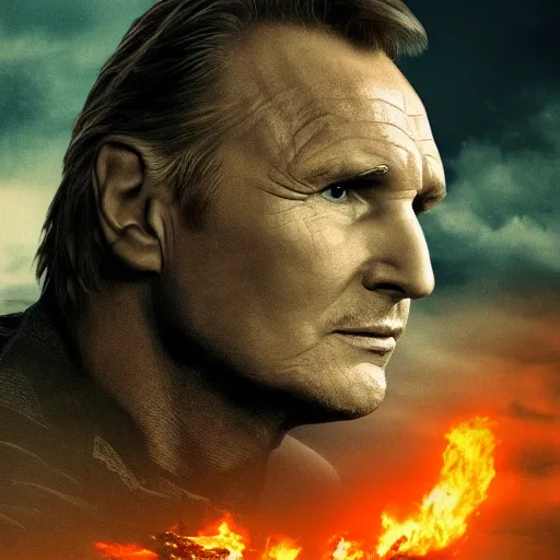 Image similar to liam neeson versus godzilla, movie poster, profile angle, high quality, realistic, head to head poster