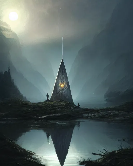 Image similar to legendary excalibur rising from the middle of a lake under a giant full moon, rippling reflections, no people, art by Raymond Swaziland and Greg Rutkowski, D&D, fantasy, intricate, elegant, highly detailed, digital painting, artstation, concept art, matte, sharp focus, illustration, masterpiece, stunning, artstation