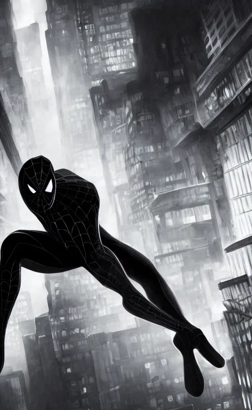 Image similar to epic spiderman noir wallpaper, dynamic lighting, photorealistic fantasy concept art, trending on art station, stunning visuals, creative, cinematic, ultra detailed