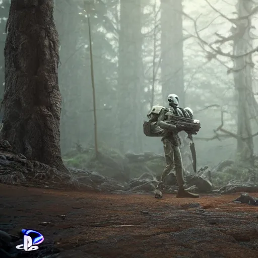 Image similar to drone footage of soldier and arachnoid from starship troopers movie on the old road in the forest lomography photo, playstation 5 screenshot, fine details, rain, rtx reflections, fog, night, photorealistic, unreal engine, octane render, volumetric light, featured on cg society, 4 k, 5 0 mm bokeh