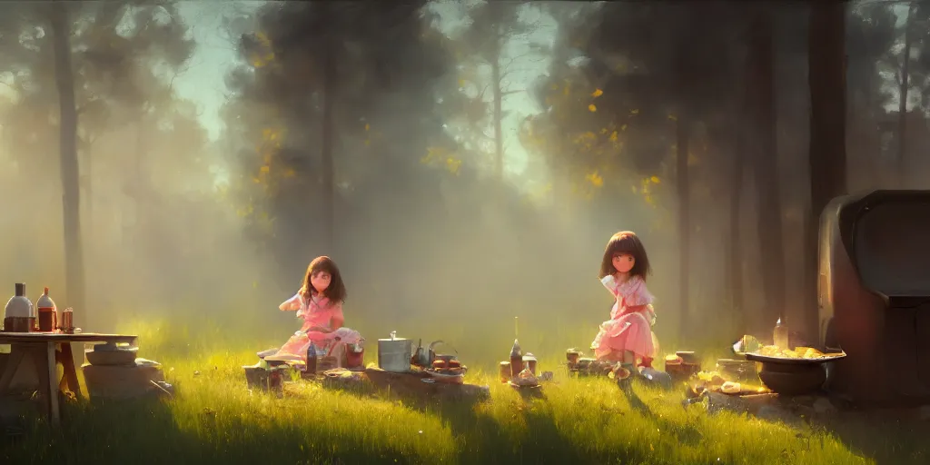 Prompt: big - eyed brunette sweet little girl looking sad in front of barbecue near tent at camp, extremely detailed digital painting, in the style of fenghua zhong and ruan jia and jeremy lipking and peter mohrbacher, mystical colors, rim light, beautiful lighting, 8 k, stunning scene, raytracing, octane, trending on artstation